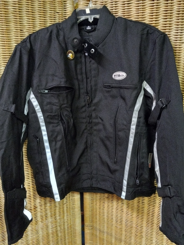 1st Racing Motorcycle Jacket Black, Reflectors, Backpack, Removable Vest Sz Sm